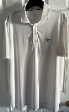 Men's Johnnie-O White Polo Shirt SS Polyester Size XL Longhorn **READ**